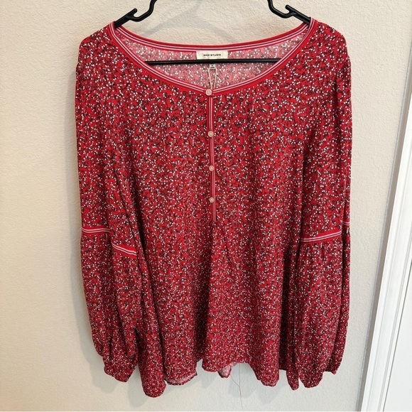 Max Studio Red Cherry Print Boho Balloon Long Sleeve Blouse. Size 2X - Picture 1 of 12